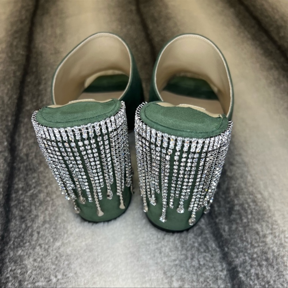 Jimmy Choo Baia 100 mm Crystal Detailed Cactus Suede Mule Sandal Heels - Picture 3 of 10